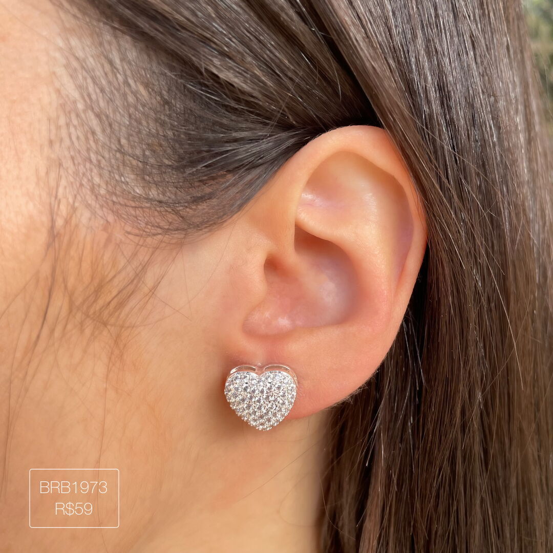 Brinco de Coração Luxo G Cravejado Cristal Prateado